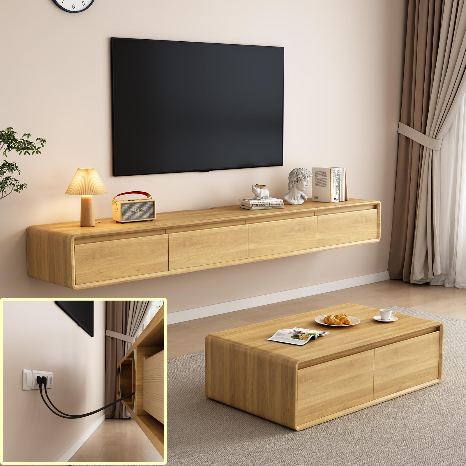 Soporte flotante para TV, estantes flotantes grandes para TV, montado en la pared, múltiples compartimentos de almacenamiento, consola de TV, mueble de TV, banco flotante debajo de la TV