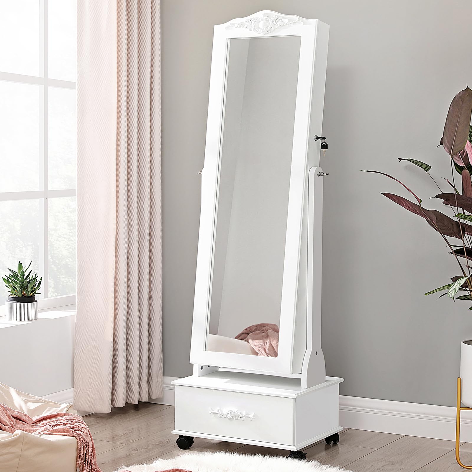 SONGMICS Armario Joyería Ruedas Organizador Joyas Cerradura Luces LED 3 Cajones Espejo Blanco JBC61W