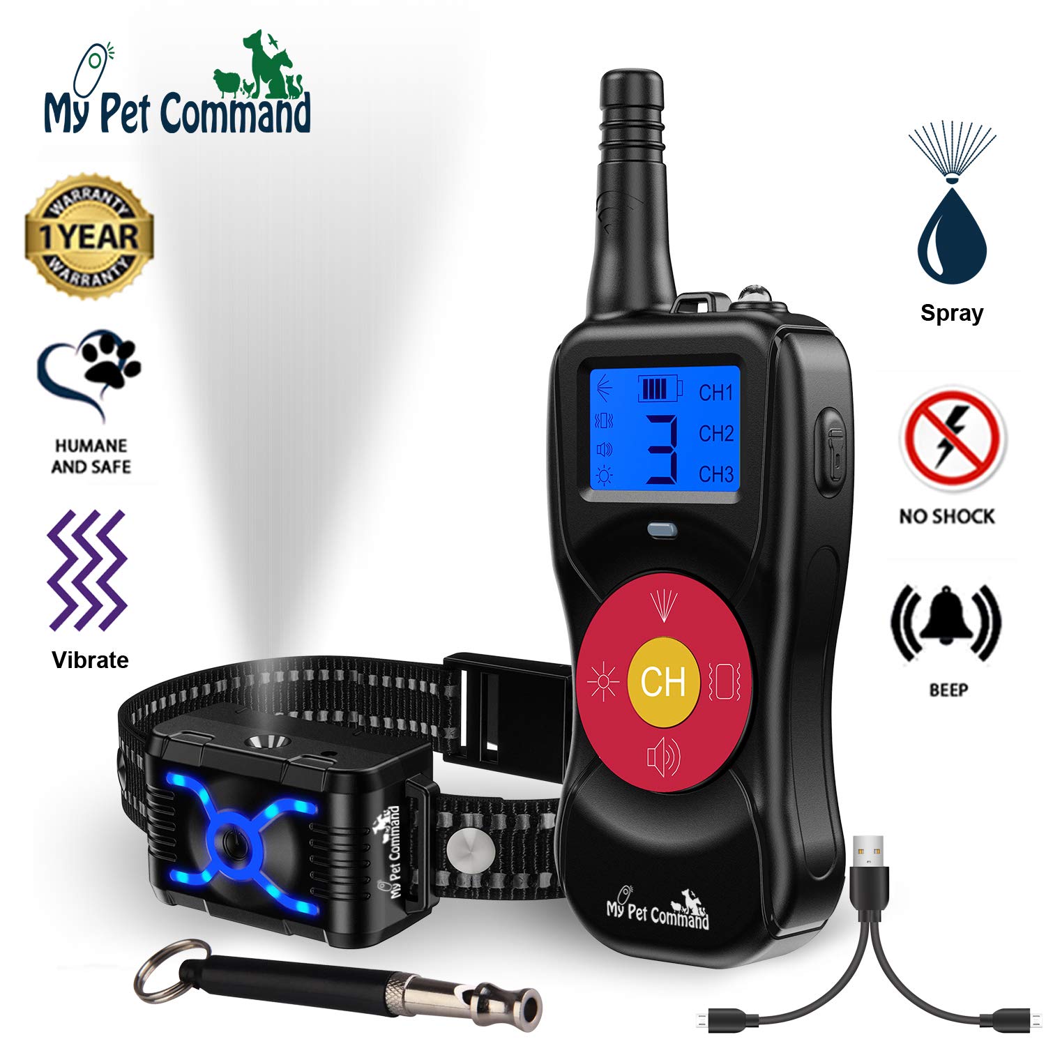 My Pet Command2600 FT Range (0.5 Mile) 4-1 Citronella Dog Training Collar with Remote, Spray,Vibrate,Tone and Night Light Functions Safe, Humane, No Shock Waterproof Rechargeable Add up to 3 Collars