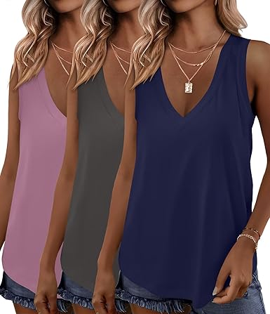 KKJ 3 Pack Womens Tank Tops Workout Summer Vacation Outfits V Neck Loose Sleeveless Blouse Casual Shirts Fall Fashion Clothes
