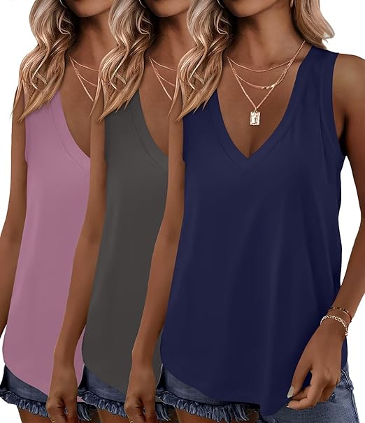 KKJ 3 Pack Womens Tank Tops Workout Summer Vacation Outfits V Neck Loose Sleeveless Blouse Casual Shirts Fall Fashion Clothes