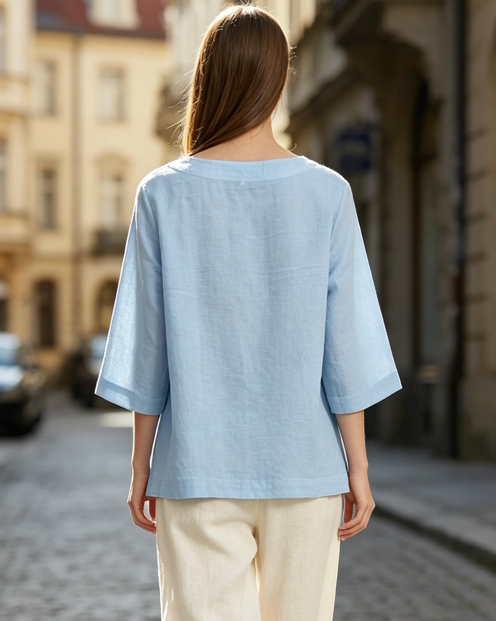 FTCayanz Chemisiers et Blouses Femme en Lin Tunique et Elegant Été Tee Shirt Col Rond et Manche 3/4