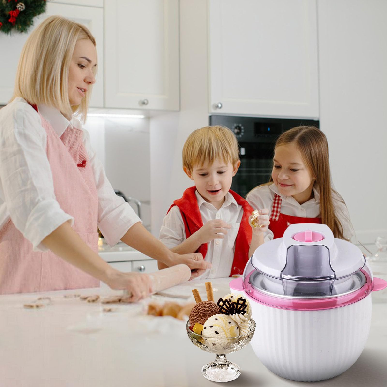 Soft-Serve-Eismaschine für Zuhause, 1L Automatischer Eiscremebereiter Mini, Tragbarer Frozen-Joghurt-Hersteller mit Dessertfunktion, Kompakte Küchenkleingeräte für Eiscreme und Sorbet (Rosa, A)