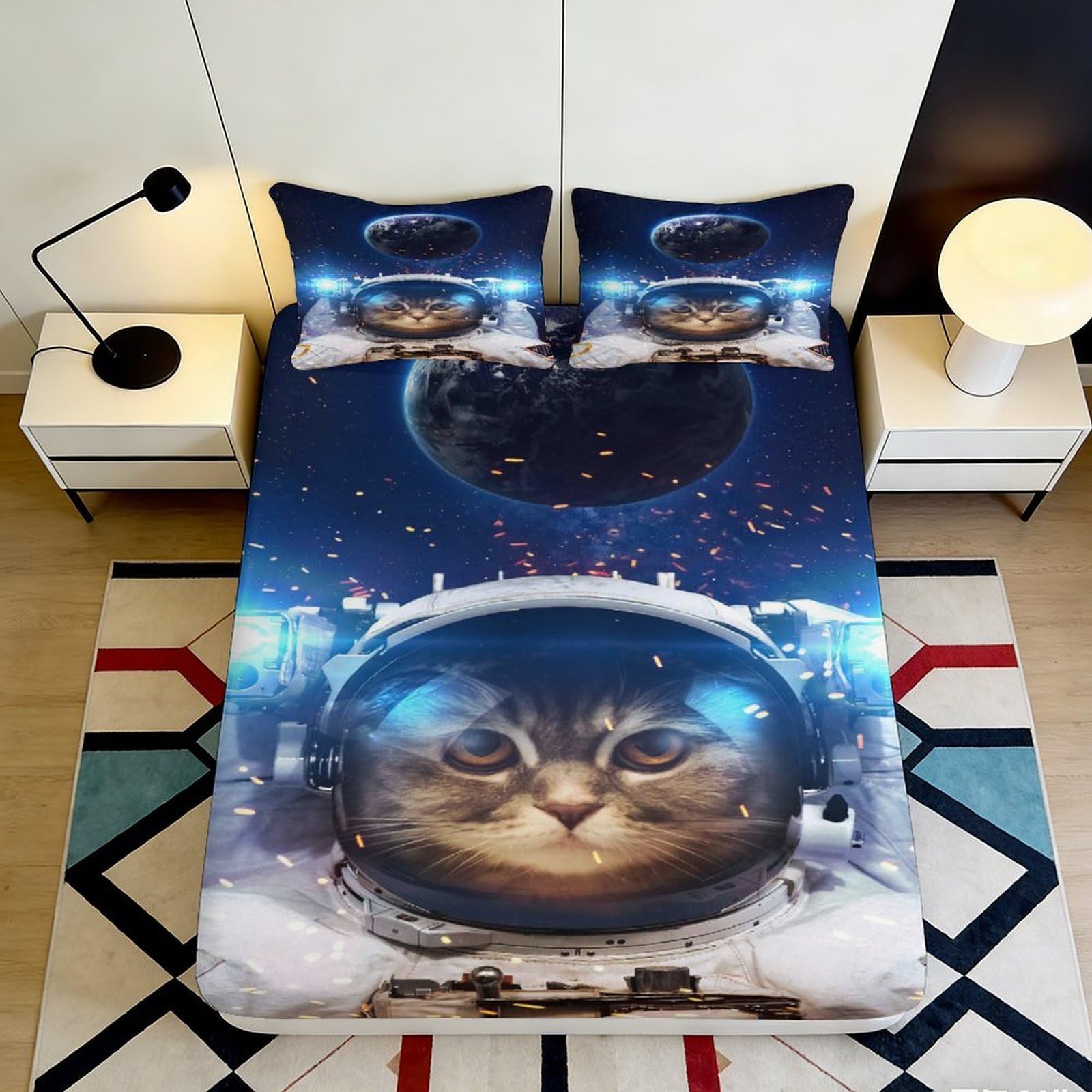 3D Printed Space Cat Astronaut Fitted Sheet Microfiber Soft Mattress Cover for Bedroom Dorm Protective Decor 90x200x25cm