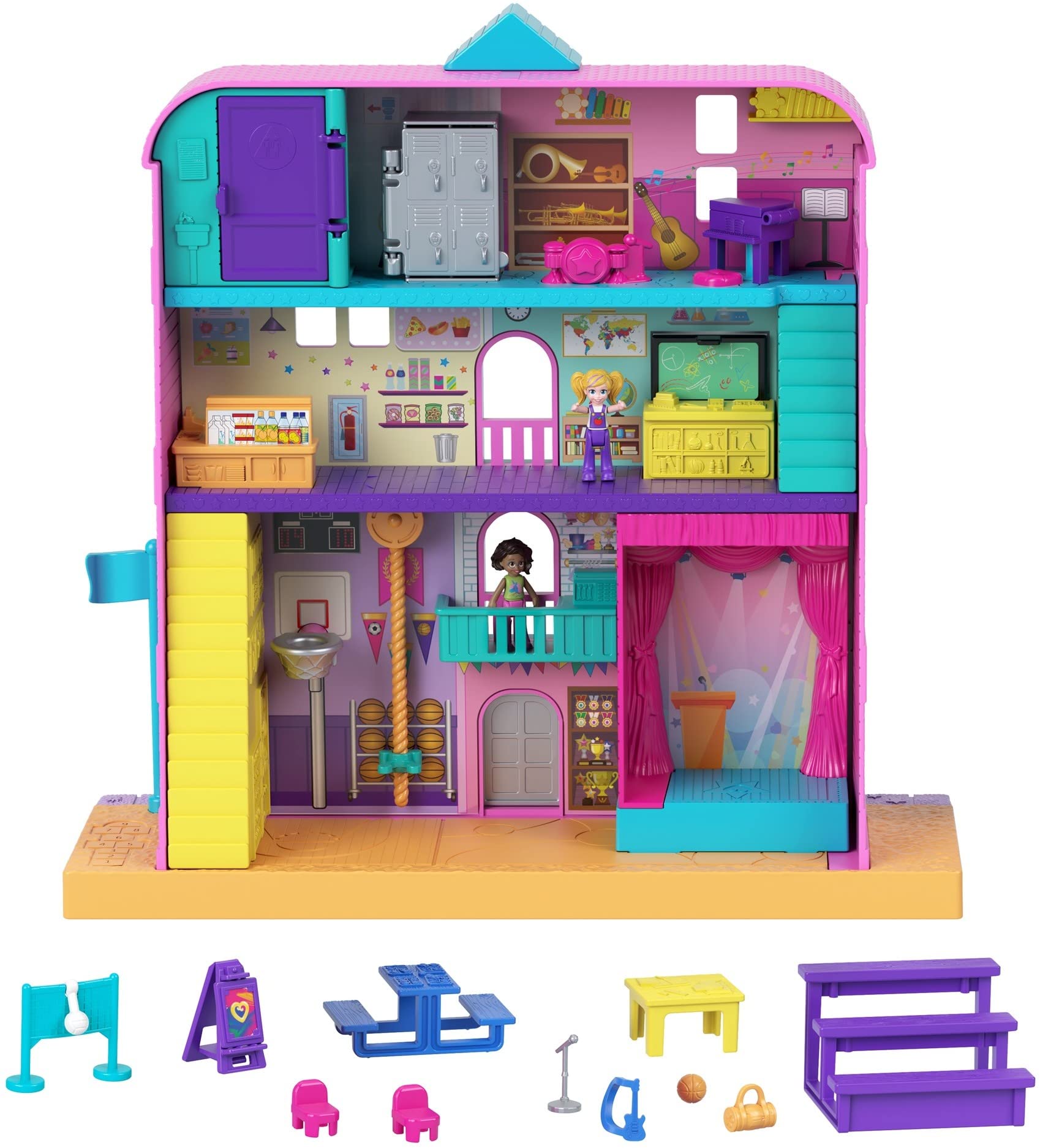 Polly PocketPollyville Mighty School with 2 Micro Dolls, 3 Floors, 12 Accessories