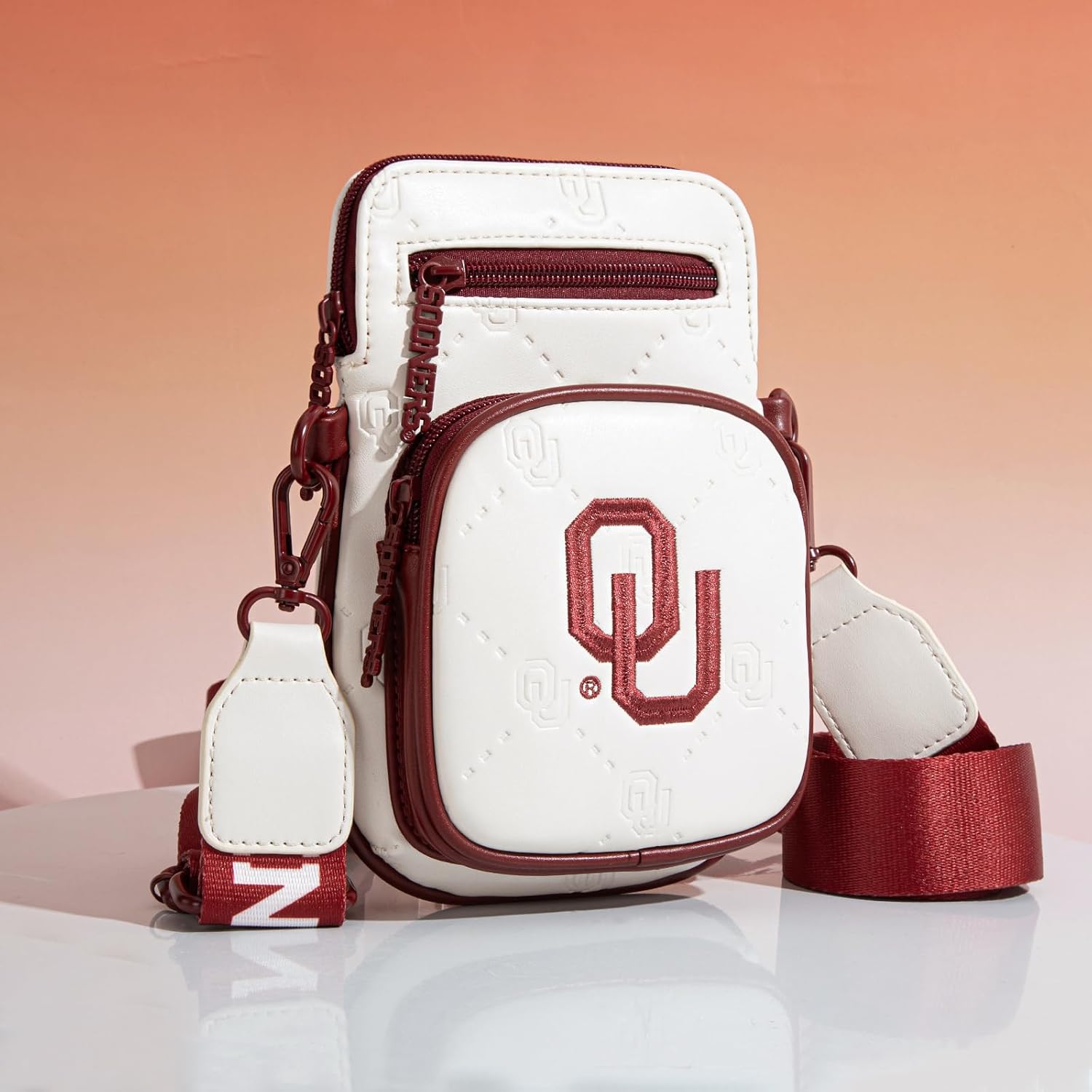 Oklahoma Sooners Crossbody Bag with Adjustable Strap, Multiple Pockets Crossbody Purse for Women, Leather Handbag Purse for Game Day, Travel, Concerts | Gift for Sport Fans | Beige, NC-OU015BG