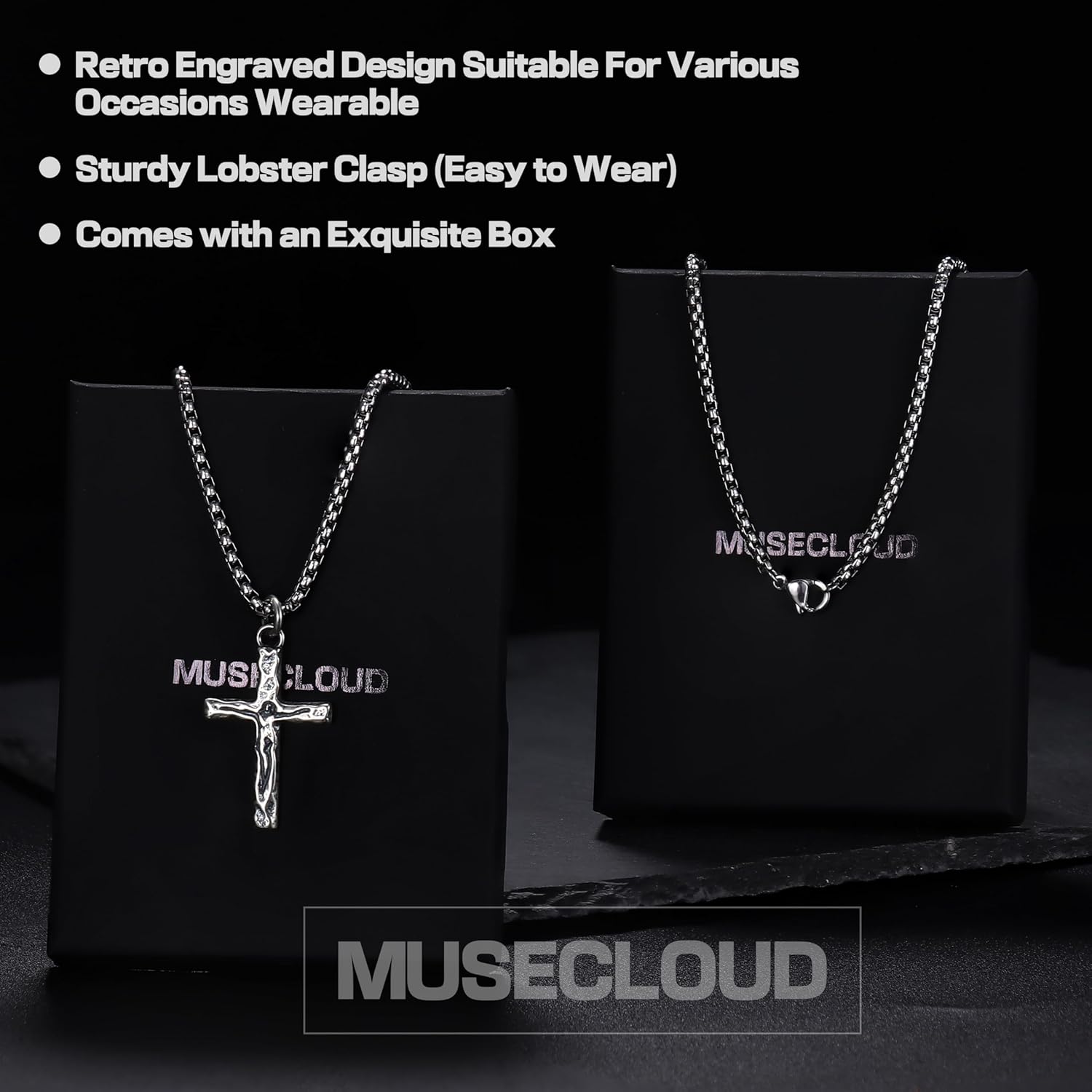 925 Sterling Silver Cross Crucifix Necklace Men - Sterling Silver Carved Jesus Cross Pendant with Stainless Steel Box Chain Catholic Necklaces Christian Jewelry for Mens Women 18-26 Inch - Image 8