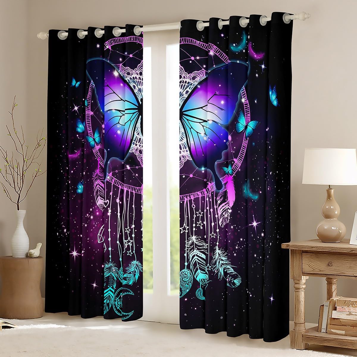 Manfei Kids Butterfly Blackout Curtain Boho Dreamcatcher Window Drapes for Girls Teen Room Decor, Galaxy Dream Catcher Window Treatments Grommet Top 2 Panel Set Bedroom Curtains, 42Wx90L inch