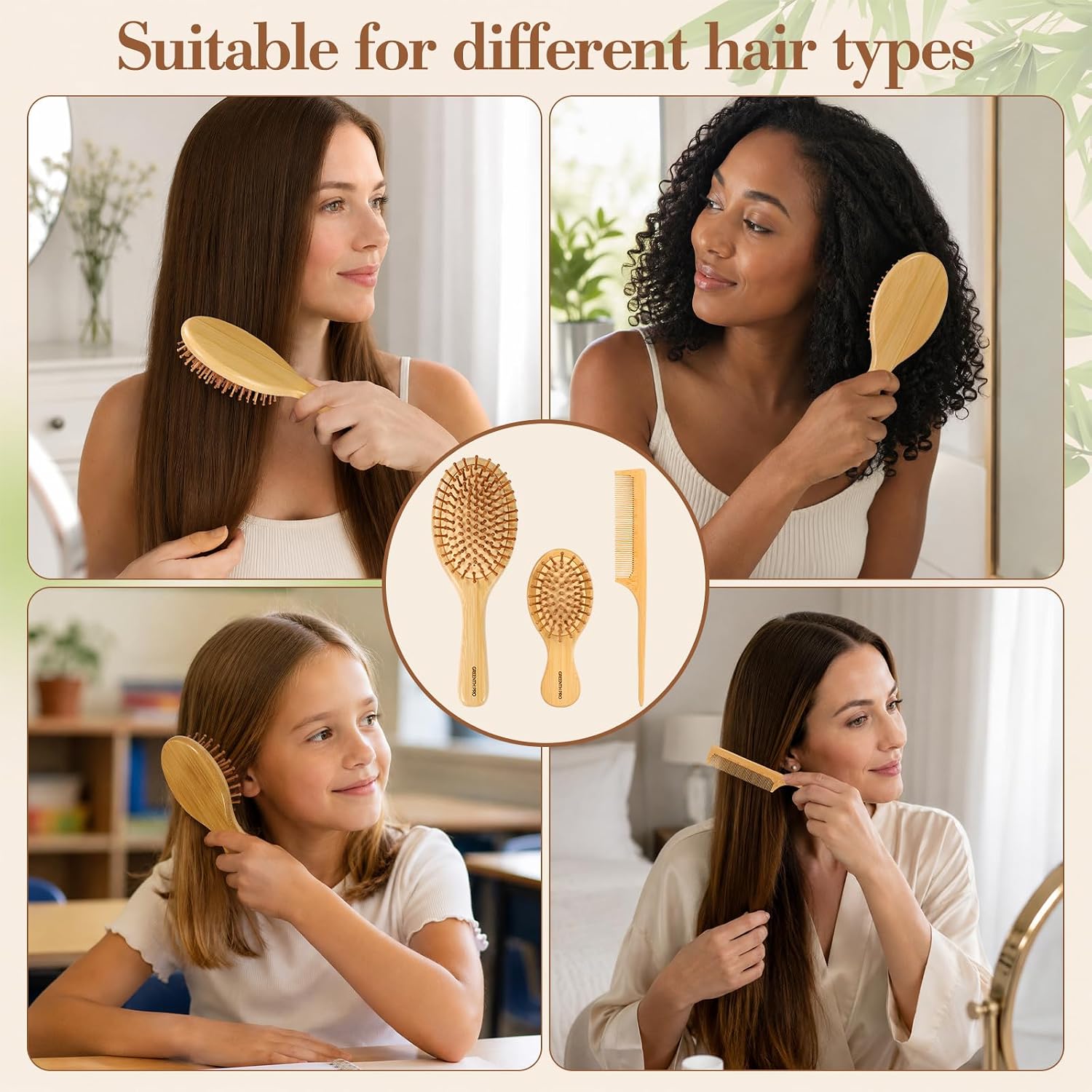 GREENTH PRO Bamboo Hair Brush & Bamboo Comb Set for Women/Men/Kids,Natural Wooden Detangling Brush &Tail Comb for Wet/Dry (Curly/Thick/Thin) Hair-Wooden Hair Brush for Women Gift Kit