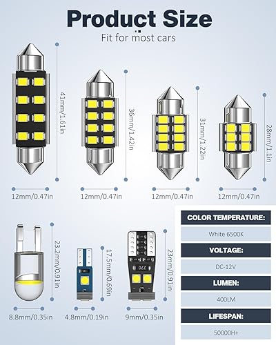 Miniatura 2 de Juego de 42 luces LED para interiores de automóvil, bombillas LED superbrillantes mejoradas, De3175 6418 578 211-2 194 T5 T10 1.220 in 1.614 in,