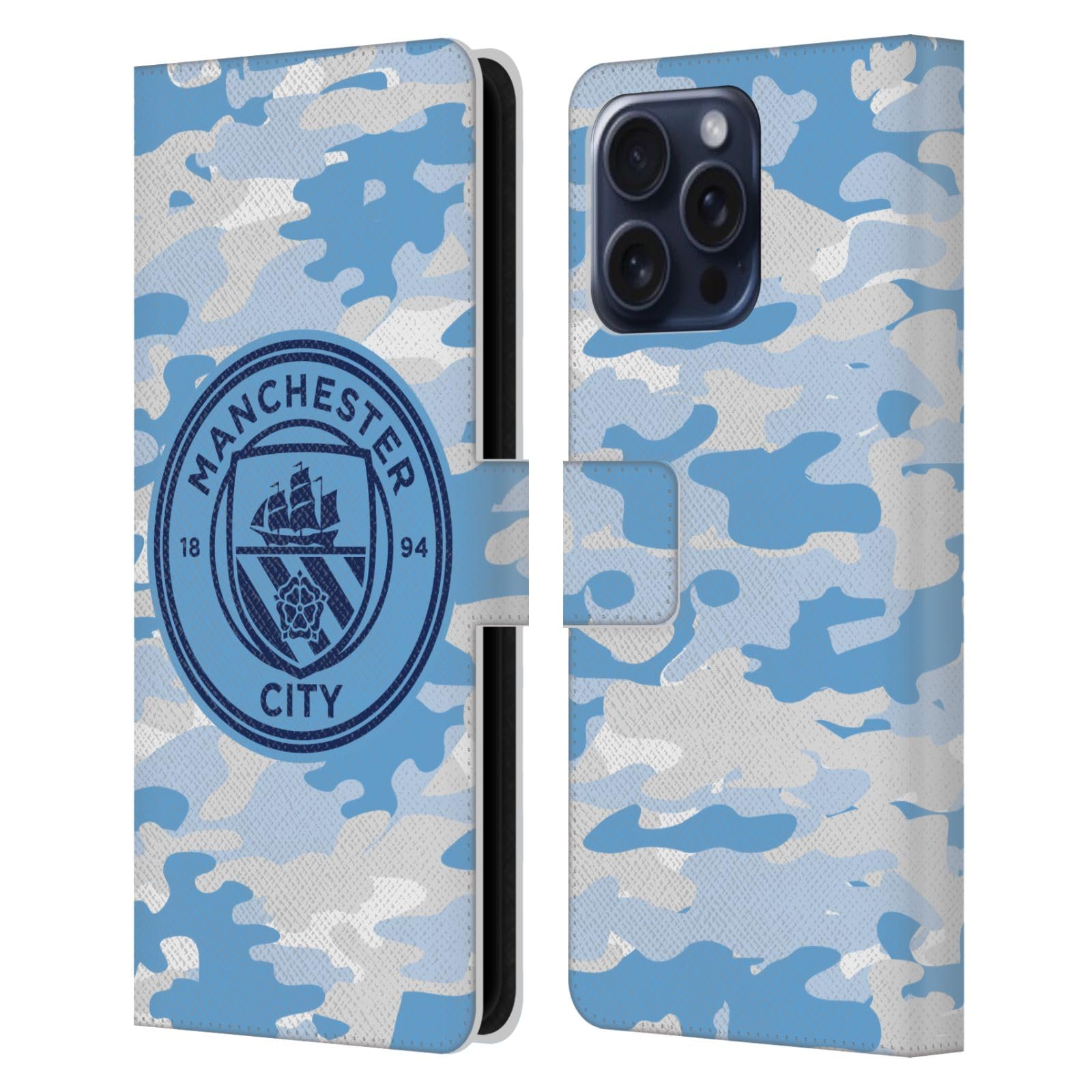 Head Case Designs Officially Licensed Manchester City Man City FC Light Blue Moon Mono Badge Camou Leather Wallet Case Compatible With Apple iPhone 16 Pro Max