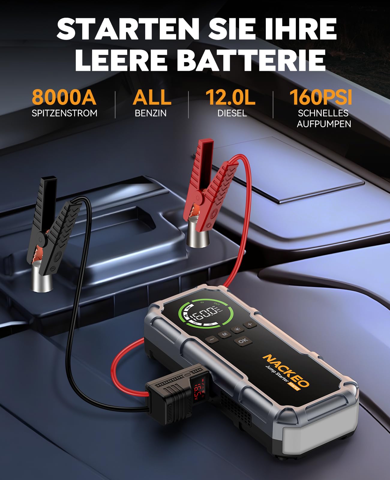 8000A Starthilfe Powerbank mit Kompressor 160PSI, 12V Auto Starthilfe Powerbank für alle Benzin und 12L Diesel, 20000mAh Starthilfegerät mit Starthilfekabel, 600 Lumen LED-Licht und LCD-Bildschirm