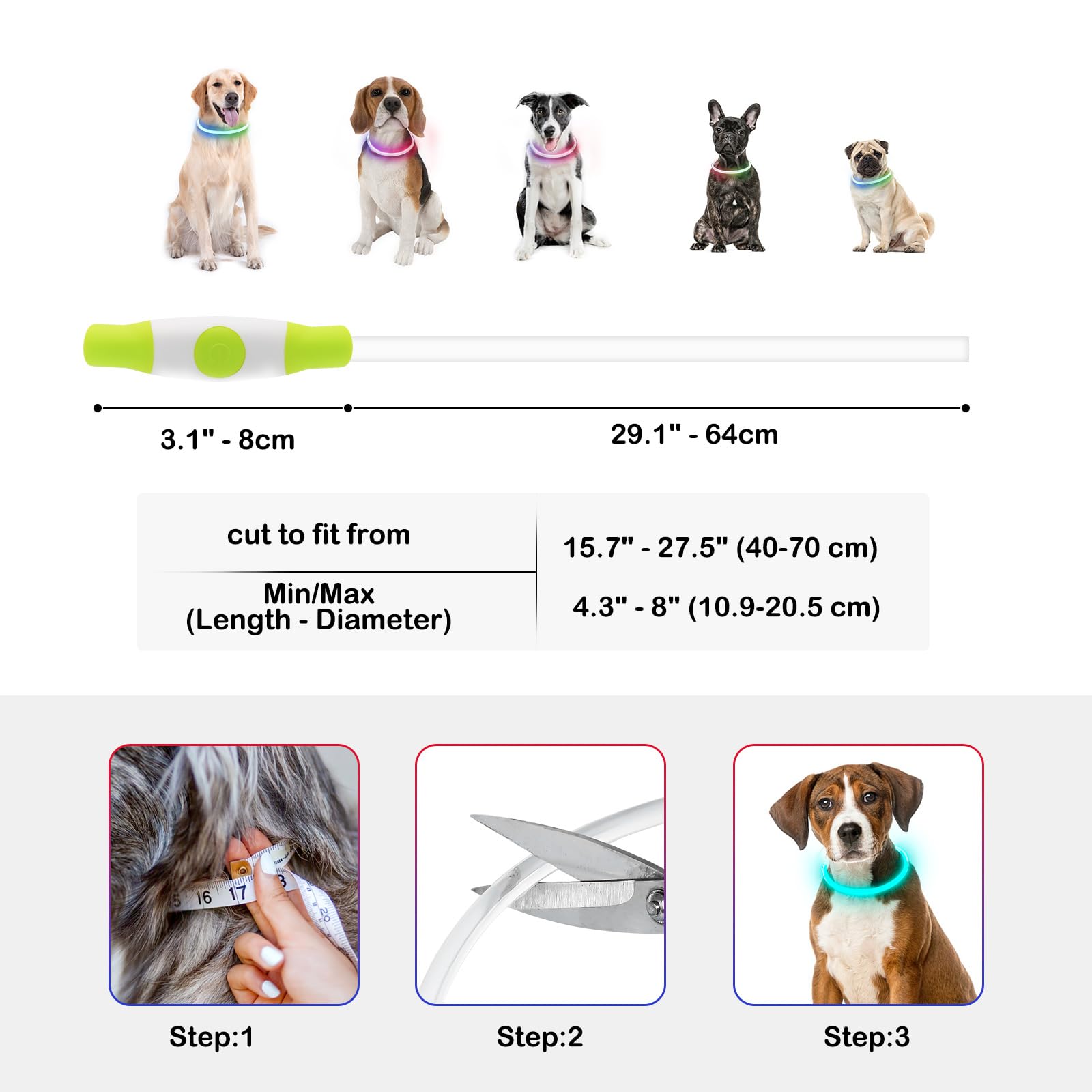 Collare per cani luminoso ricaricabile tramite USB, collare per cani a LED per sicurezza notturna, collare per cani in TPU tagliabile, che si illumina al buio, per cani di taglia piccola, media e