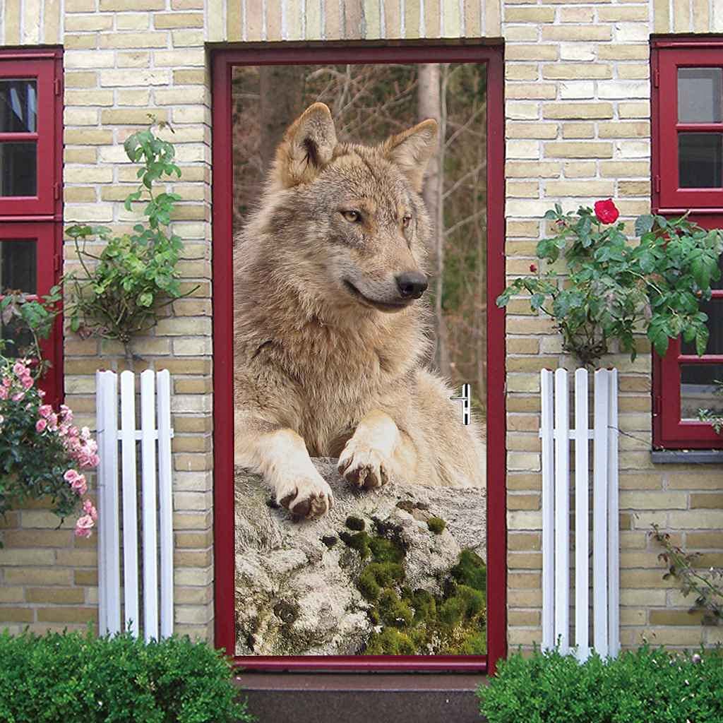 BARFPY Adesivi per Porte Impermeabile 3D Lupo animale della foresta Carta da parati Porta Poster Autoadesivo Rimovibile Vinile Adesivi Murali Camera da letto Cucina Soggiorno Decorazione Porte 95x215c