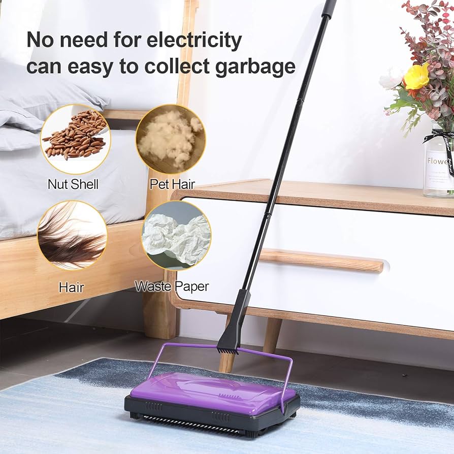 Manual Carpet Sweeper Carpet Floor Sweeper With Horsehair Cleaner Non-Electric Carpet Broom Sweeper Efficient Hand Push Carpet Sweeper Rug Roller Brush Push For Cleaning Pet Hair Loose Hokie Carpet Sweeper