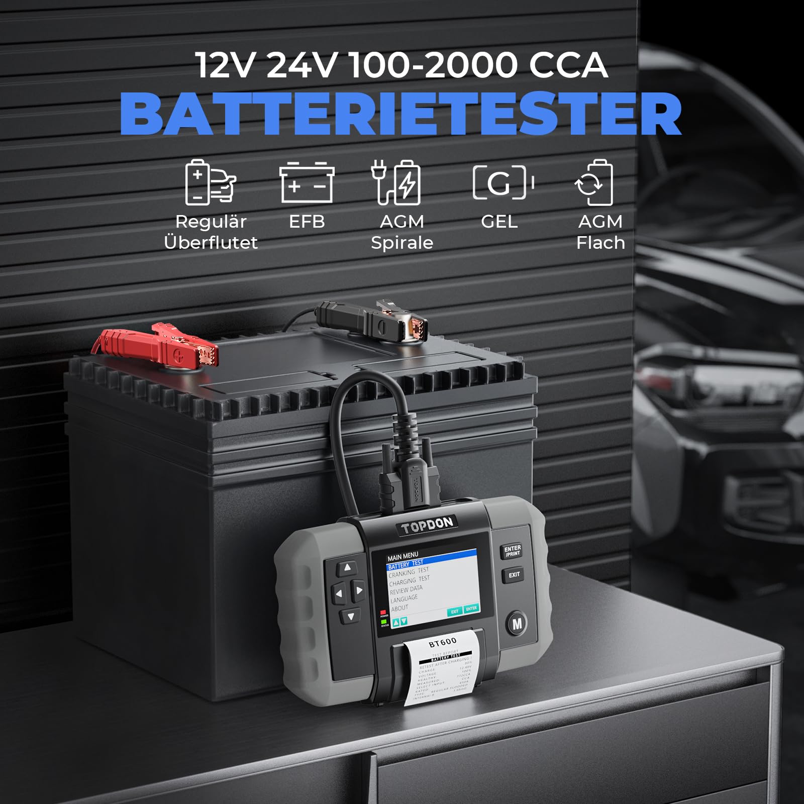 TOPDON BT600 Autobatterietester, Batterietester KFZ 12V 24V, 100-2000 CCA Starttester Autobatterie Tester, 3.5 Zoll Farbbildschirm, 1,8m Kabel, Berichte in Echtzeit Gedruckt, für Heimwerker und Profis