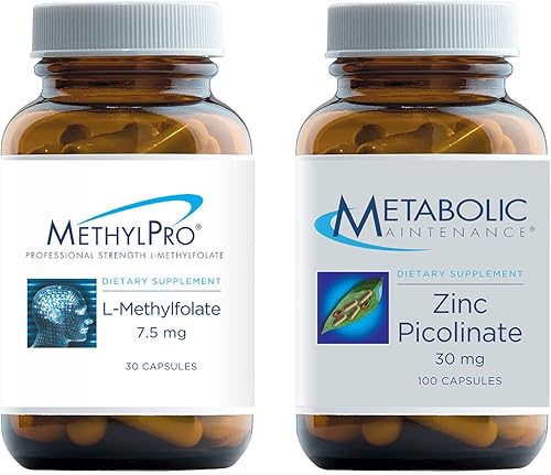 MethylPro L-metilfolato (7,5 mg, 30 cápsulas) + picolinato de zinc (100 cápsulas) Paquete de 2 productos con metilfolato activo (5-MTHF) + soporte