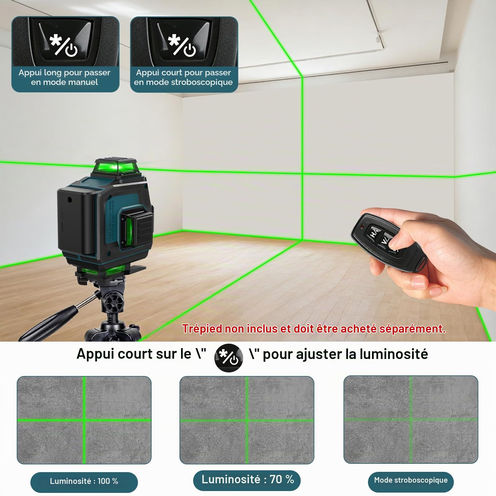 QUPERR Niveau Laser Vert 4D Autonivelant 16 Lignes 4x360° | Laser de chantier pour carrelage, tableaux et travaux intérieurs; faisceau vert, sans trépied
