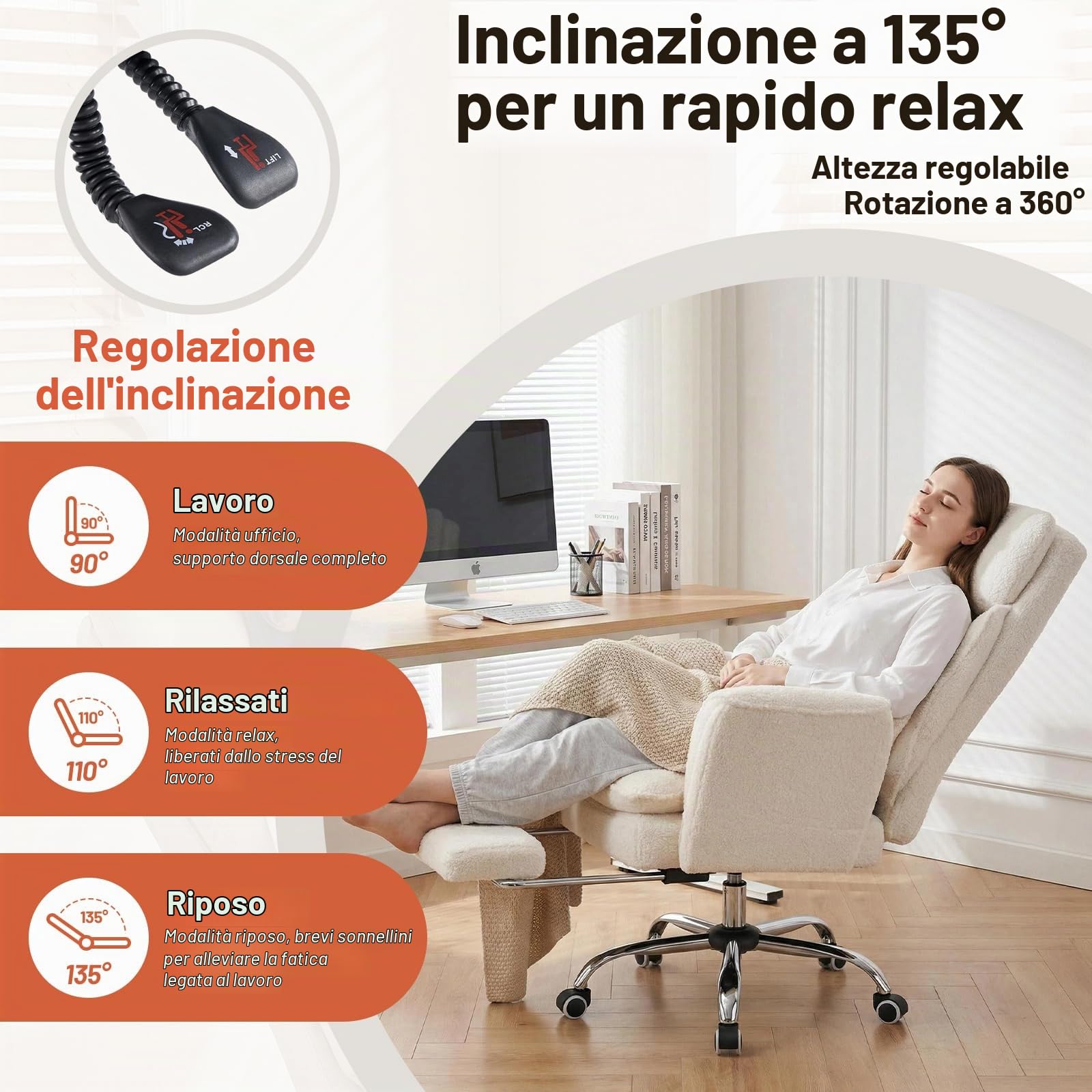 Sedia da ufficio con braccioli regolabili su 5 livelli, sedia da ufficio ergonomica con poggiapiedi e supporto lombare, sedia da gioco in altezza regolabile in riccio 200 kg, bianco