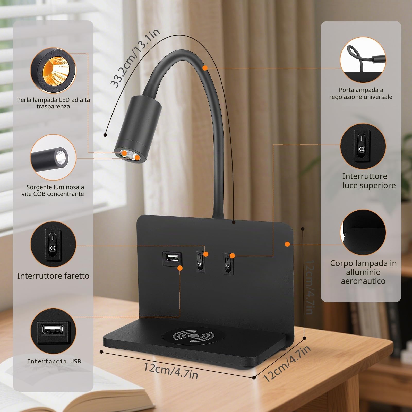 Lampada da Parete per Comodino con Porta di Ricarica USB e Caricatore Wireless, Lampada da Lettura 3W + 9W 3000K, Faretto Regolabile Luce Ambientale per Camera da Letto(Nero)
