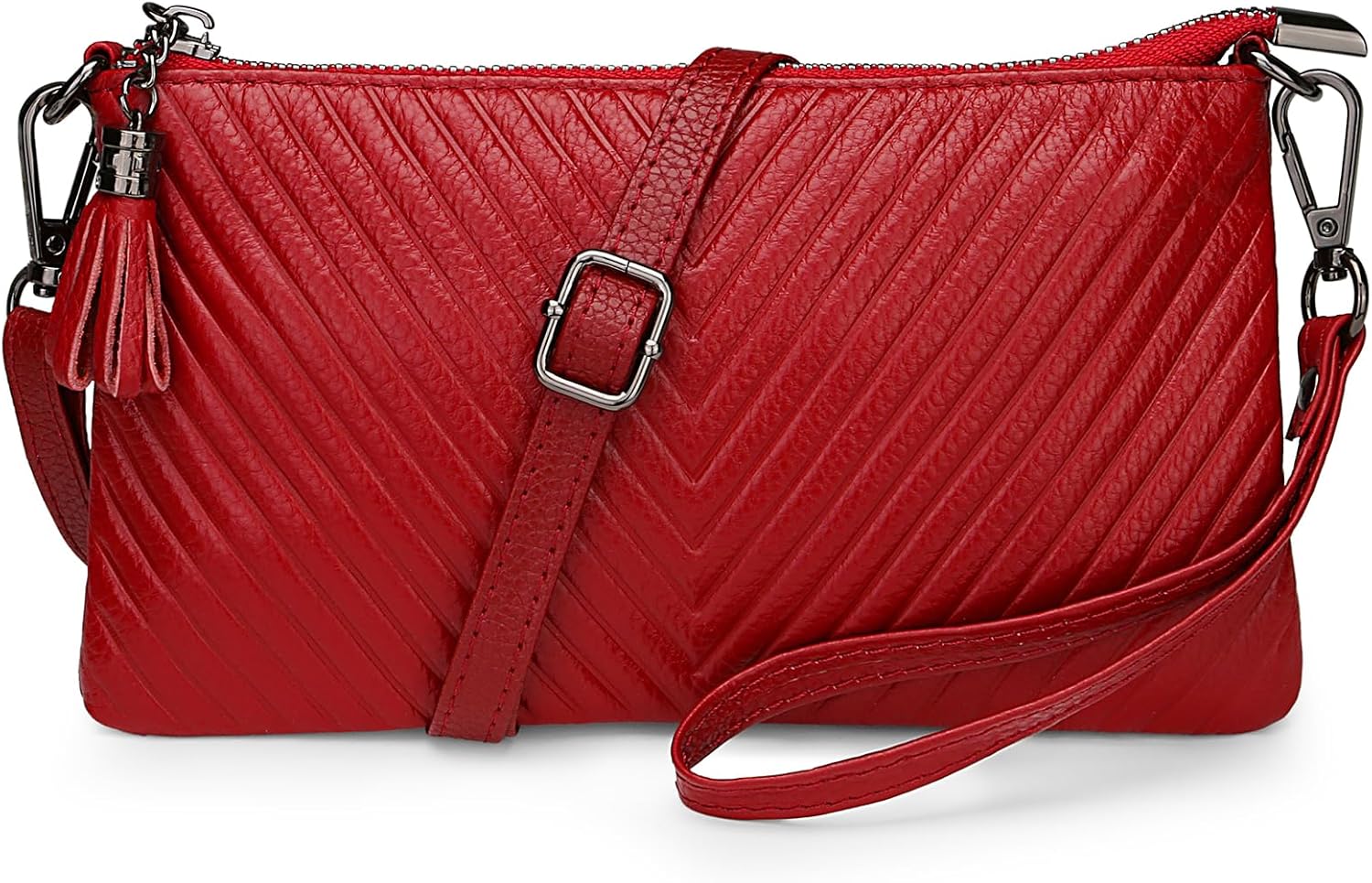 YALUXE Women's Genuine Leather Wristlet Purse Chevron Embossed with Shoulder Strap