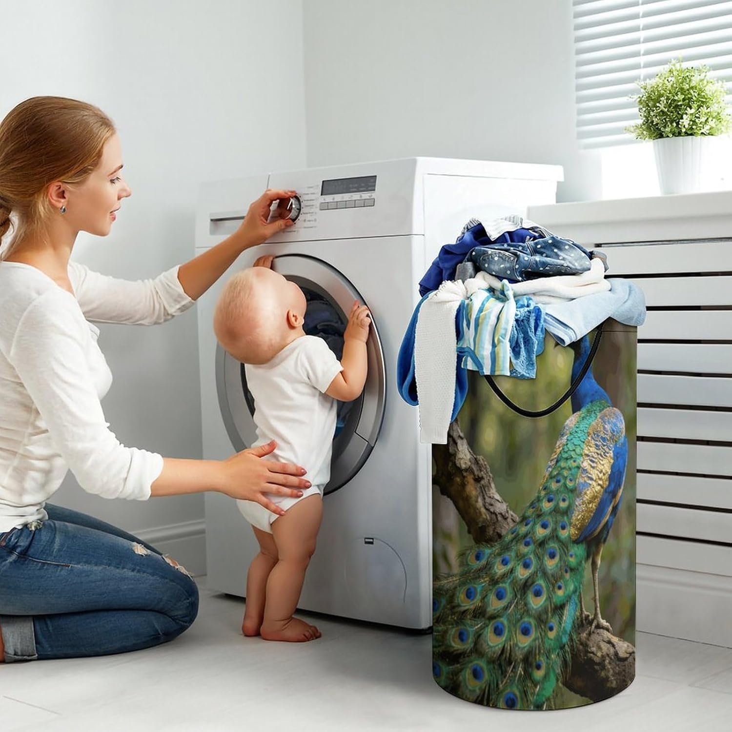 Colorful Peacock on A Tree Branch Laundry Hamper 86L Waterproof Collapsible Clothes Basket with Double Handles Freestanding Foldable Laundry Basket Large Clothes Hamper for Bathroom