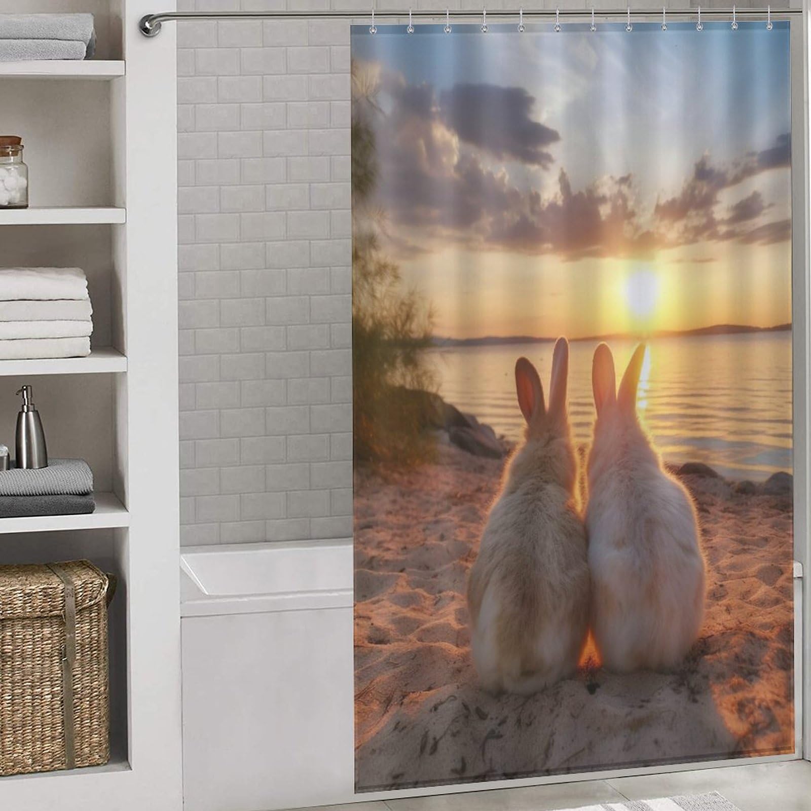 Rideau de douche lapin animal en polyester lavable 140x183cm