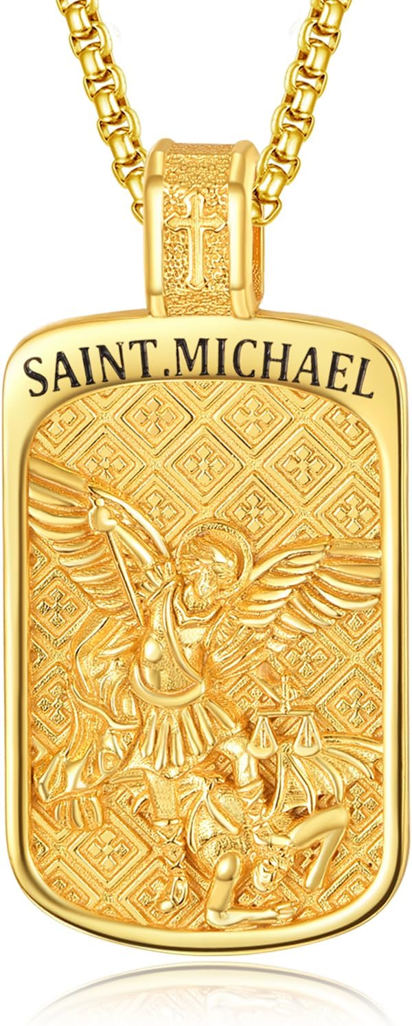 KINGWHYTE St Michael/St Christopher Necklace S925 Sterling Silver Archangel Saint Medals Protect Us Pendant Amulet Jewelry Religious Gifts for Women Men, Rectangle