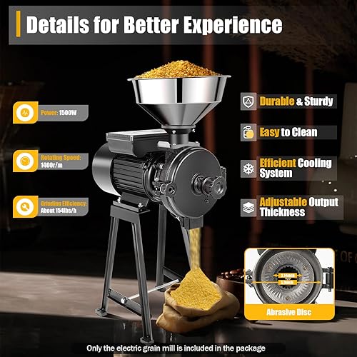 Miniatura 7 de Molino de maíz de hierro fundido galvanizado negro de 110 V, molinillo de grano eléctrico de 1500 W con embudo, molinillo de maíz seco de pie para