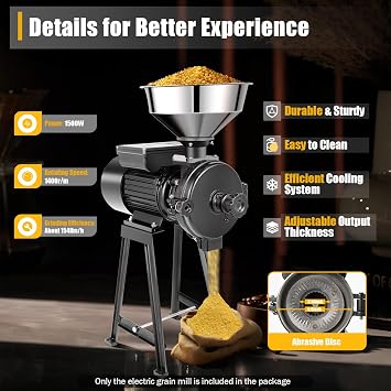 Electric Grain Grinder Mill,1500W 110V Mill Grinder,Dry Cereals Rice Coffee Wheat Corn Mills with Funnel,Coffee Wheat Feed Machine,Speed Adjustable,154lbs/h (Black)