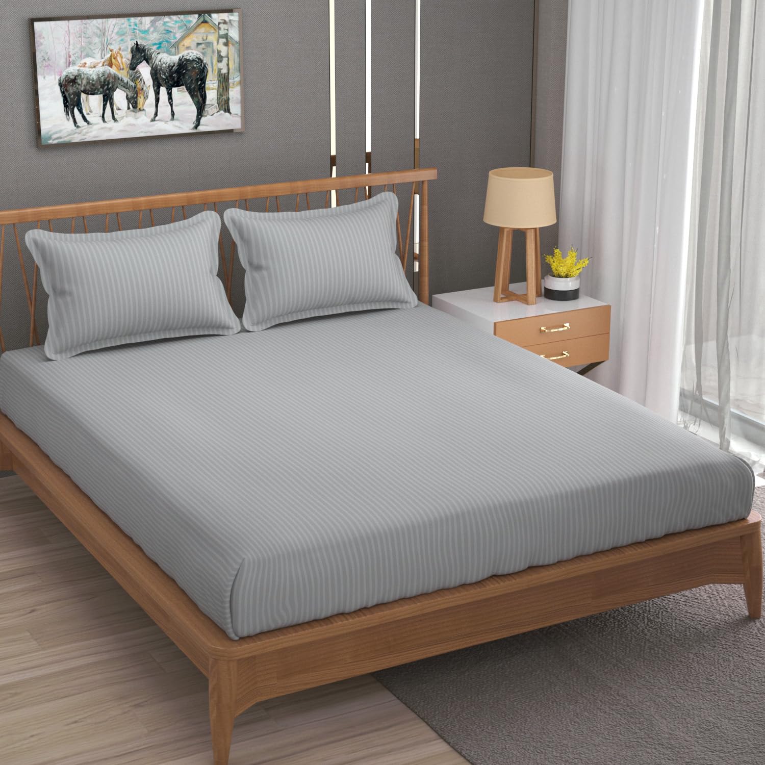 Homefab India 160 TC Stripe Cotton Feel Glace Cotton Elastic Fitted King Size Double Bed Bedsheet with 2 Pillow Covers Fits Upto 6 inches Mattress, Size-72X78 inches, Silver