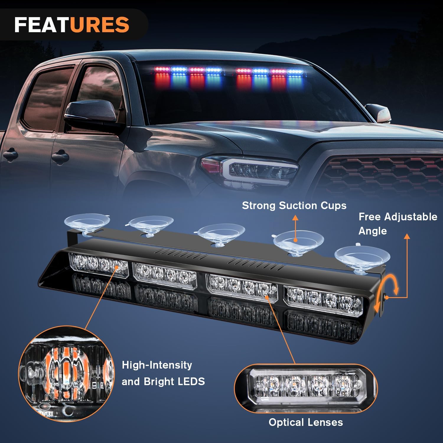 Nilight 32LED Red Blue Emergency Dash Strobe Lights with Controller Suction Cups Warning Hazard Interior Front/Rear Windshield Deck Split Light Bar for Trucks Construction Vehicles