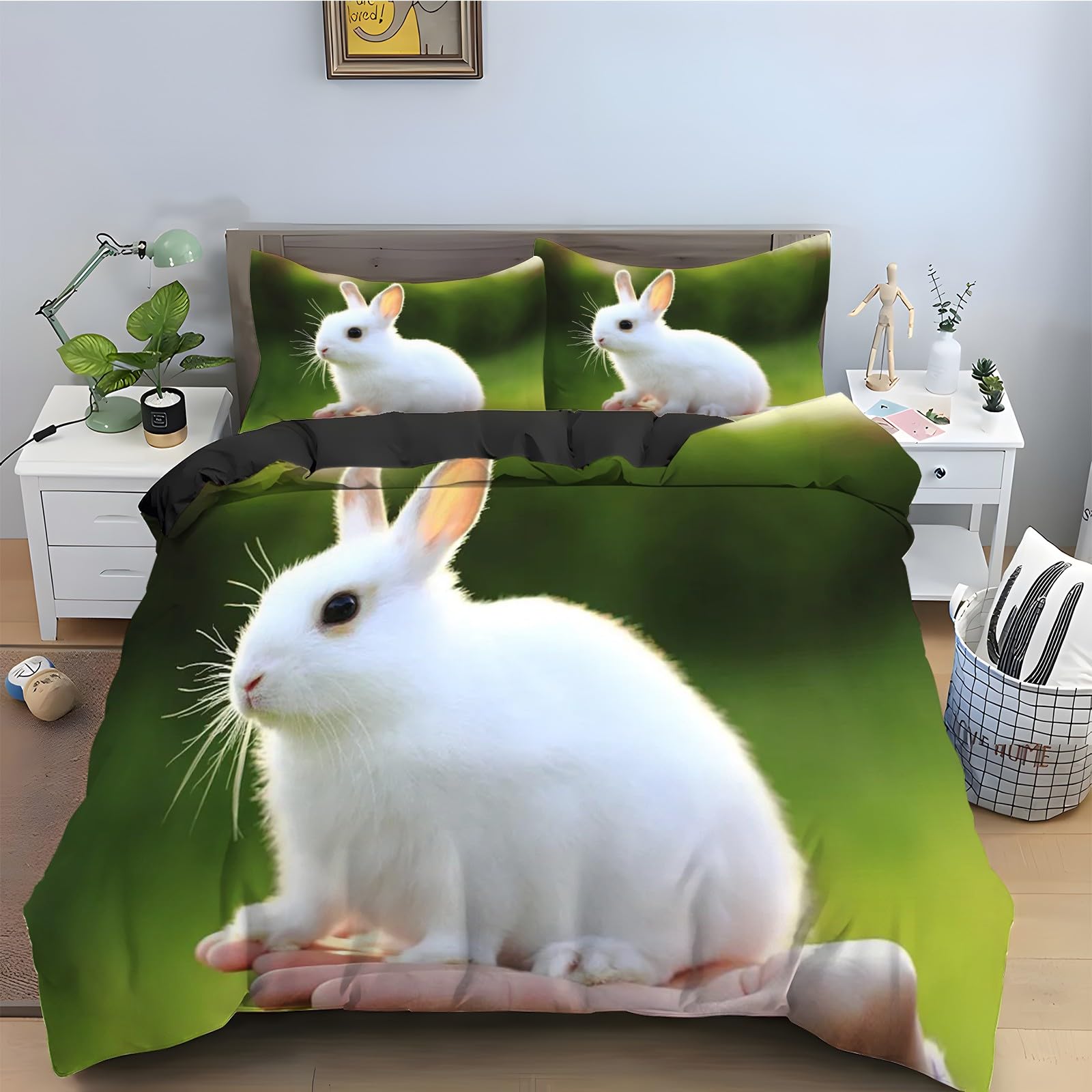 Parure de lit lapin blanc 220x240 housse de couette microfibre douce ensemble de literie 3 pièces