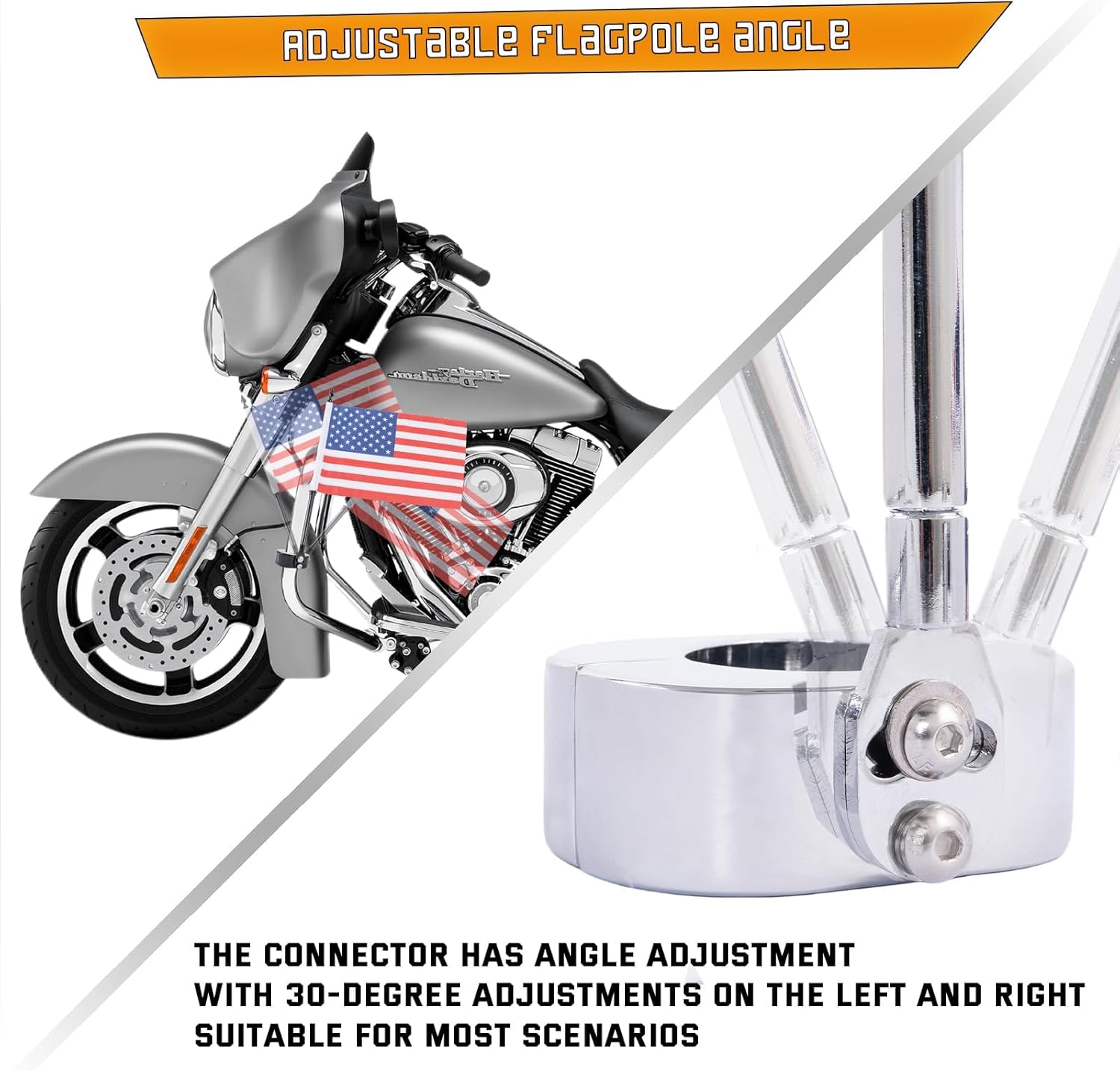 Kinglemc Engine Guard Crash Bar Freeway Bar Pole Holder Mount Bracket Clamp with American Flag Fit 1.25 Highway Bar (Silver)