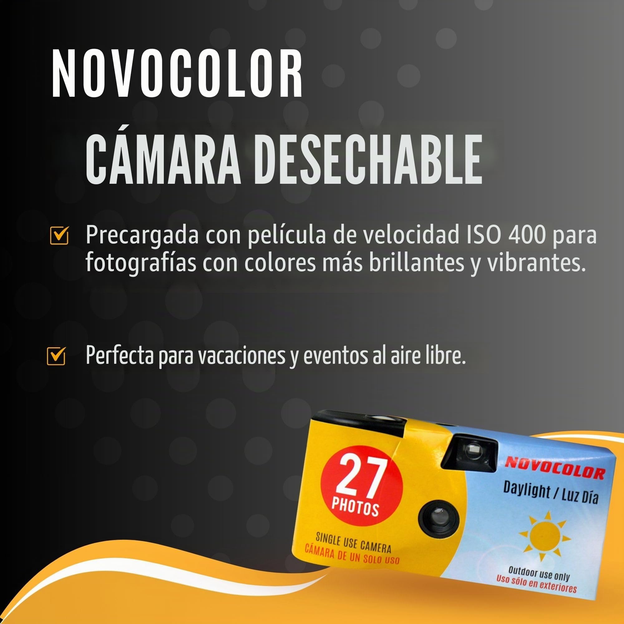 Paquete de cámara desechable con cámara Novocolor Daylight de un solo uso, 27 exposiciones y tarjeta de consejos de fotografía Clikoze 10 unidades