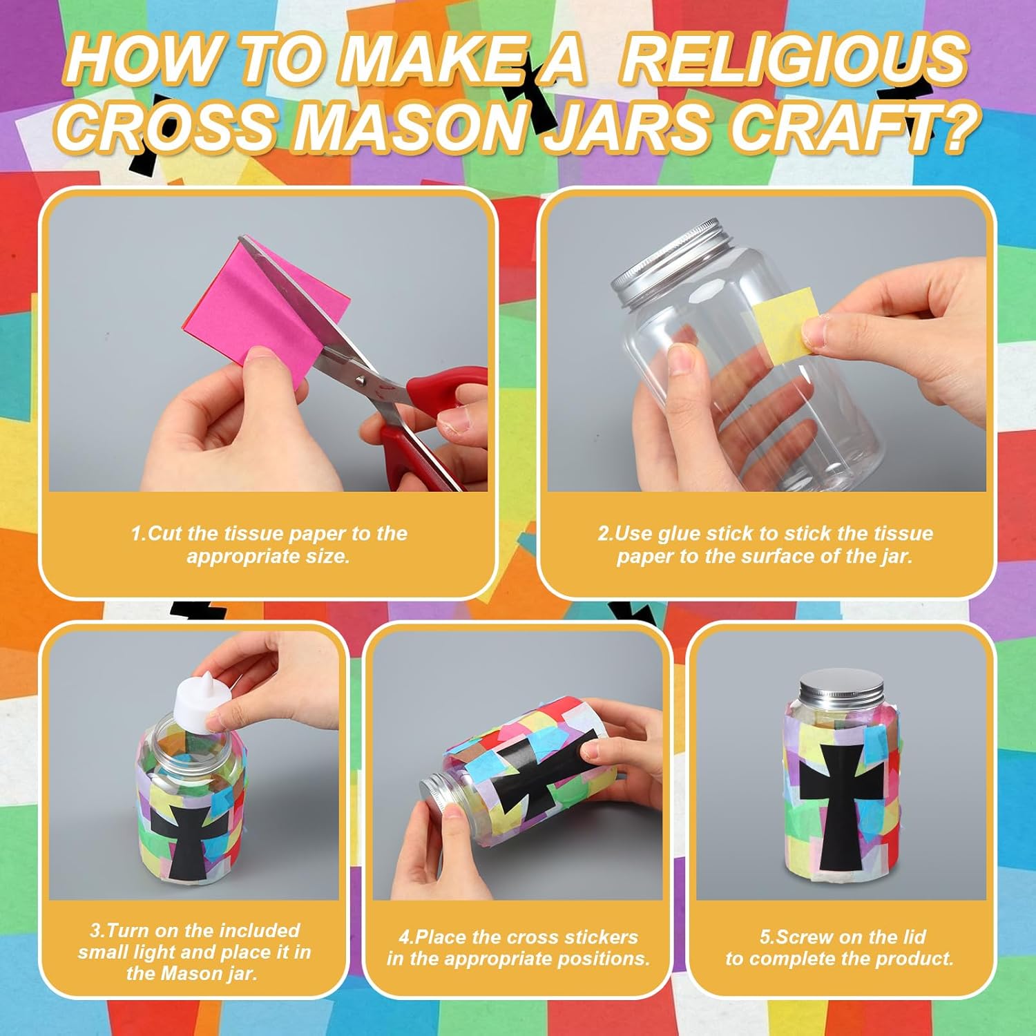 Qinyoung 12 Pcs Religion Cross Crafts Mason Jars Tissue Paper Crafts with LED Candle Light DIY Suncatchers Decoration Make Your Own VBS Mason Jars Supplies for Sunday School Projects Activity