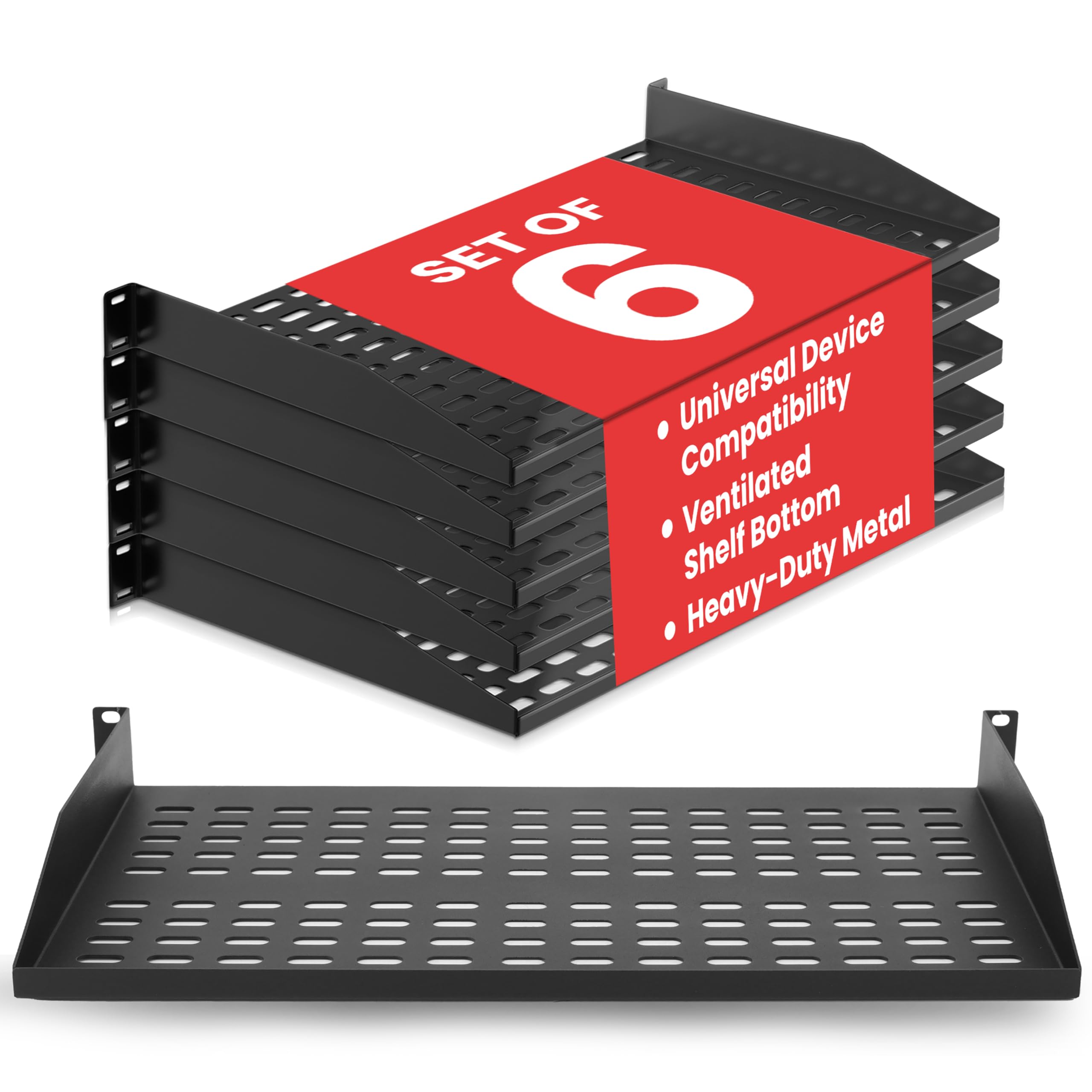 Pyle 19-Inch 1U Server Rack Shelf - 6 pcs. Vented Metal Shelves for Optimal Airflow, Wall or Rack MountableSupports up to 110 lbs, 17 x 10’ Shelf Tray for Cabinets, Computers &amp; Network Equipment