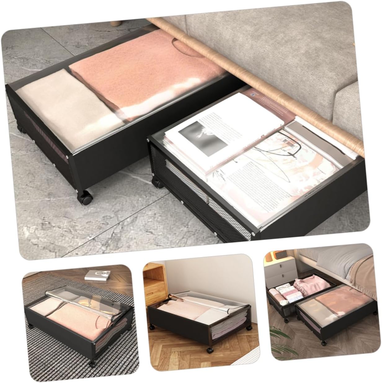 Bed Storage Organizer Wheels Multi-functional Storage Box for Clothes Toys and Blankets Capacity Non-woven and Black Lid Space-saving