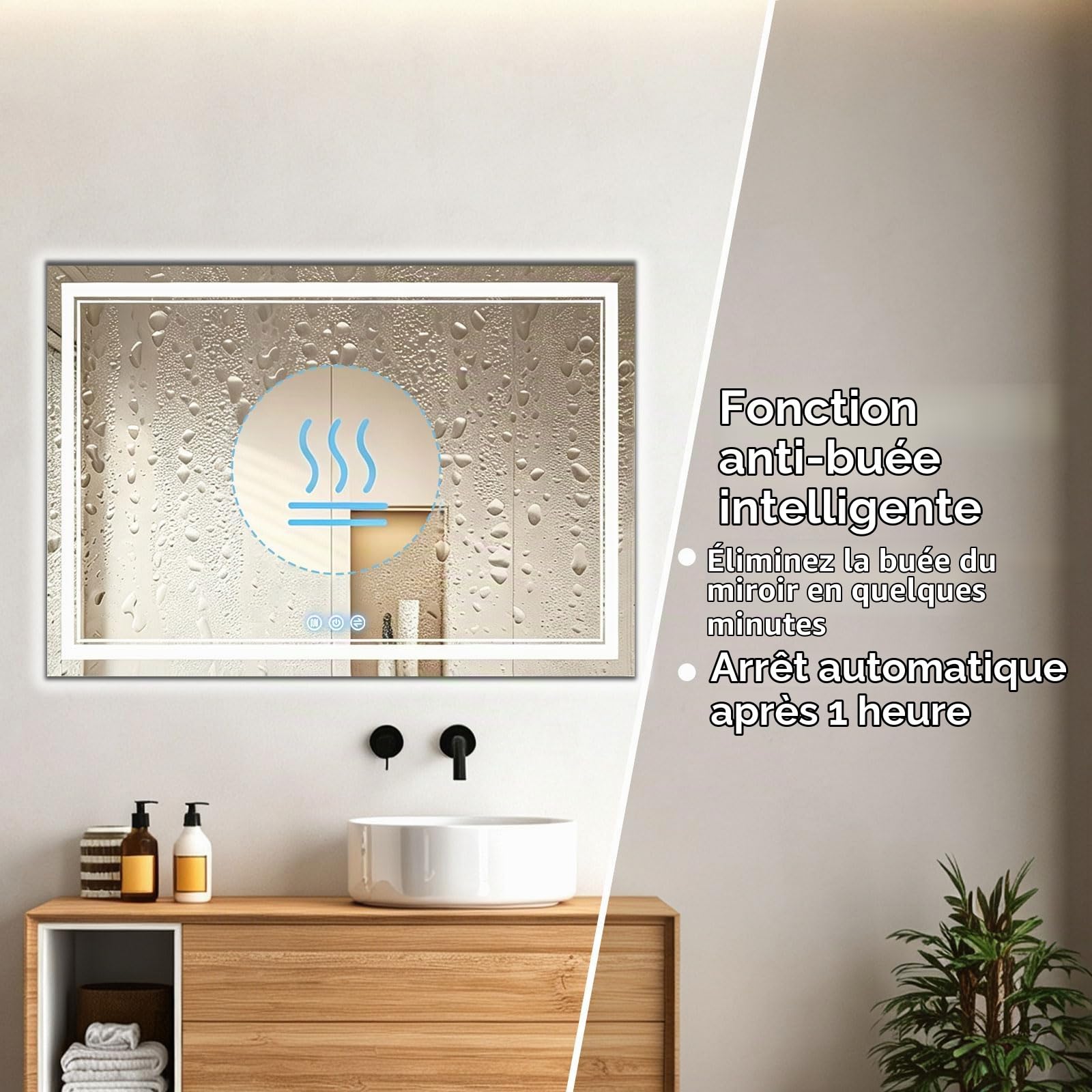 Miroir de Salle de Bain avec Éclairage 100x60 cm, Interrupteur Tactile, Fonction Anti-Buée, 3 Températures de Lumière Gradable, Double Anneau Lumineux