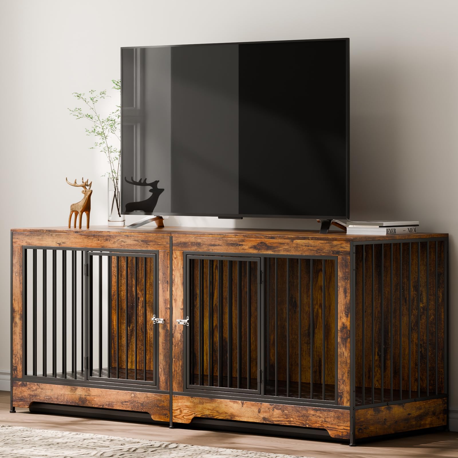 VEVOR Cage pour Chien 1901x670x824 mm Meuble Cage Chien en Bois Intérieur Multi-usages avec Double Porte, Séparateur, Plateau Amovible, Table d'Appoint pour Chiens de Taille Moyenne Grande, Marron