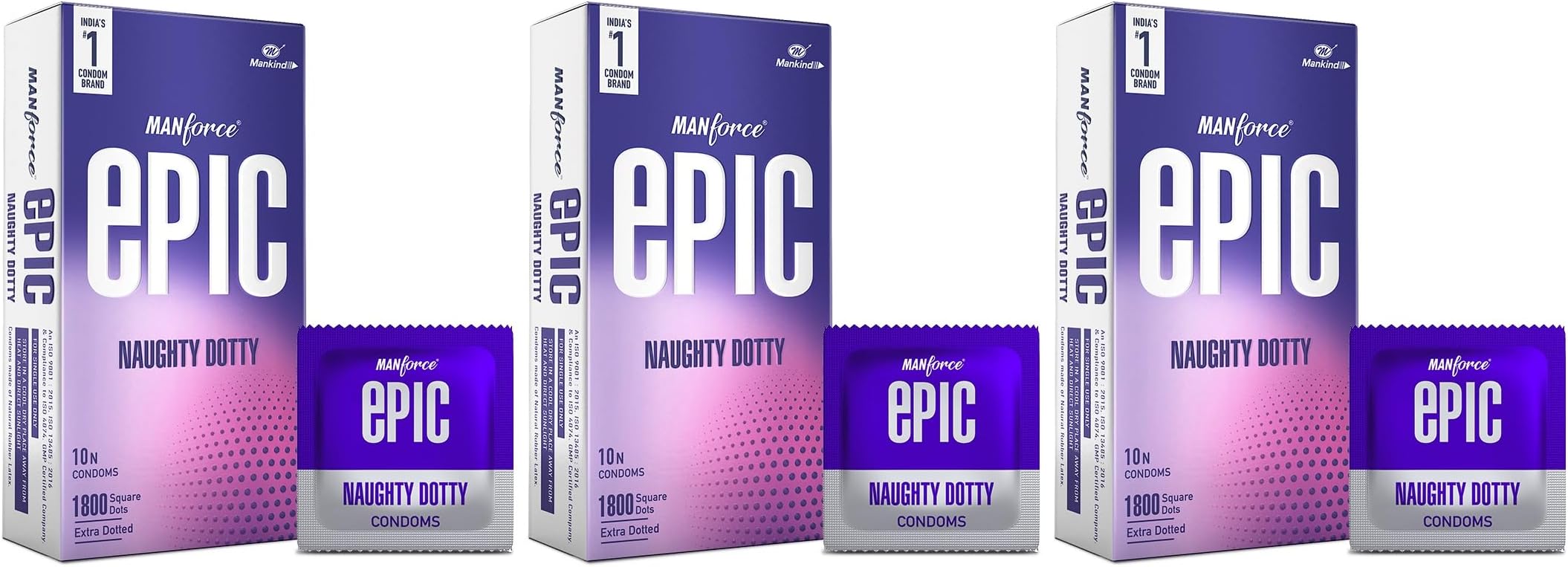 Epic Naughty Dotty Premium Condoms | 10 Sheets | Extra Dotted with 1800 Square Dots | Latex, Lubricated, Vegan, Cruelty-Free Each, Pack of 3
