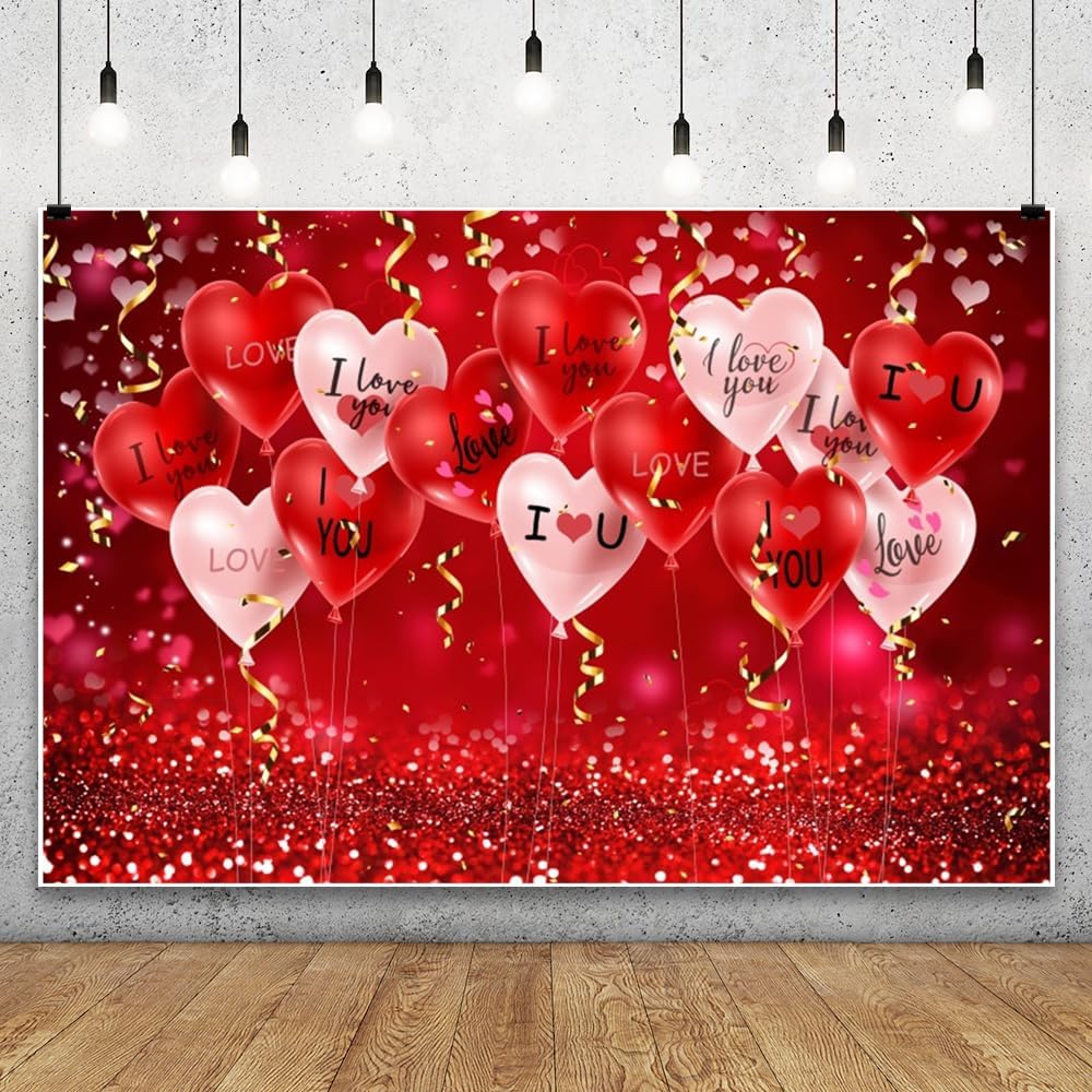 Leowefowa 10x8ft Red Heart Backdrop Red Glitter Love Heart Balloon Background Romantic Valentine's Lover Wedding Engage Bridal Shower Marriage Anniversary Party Banner Decor Photo Supplies Prop