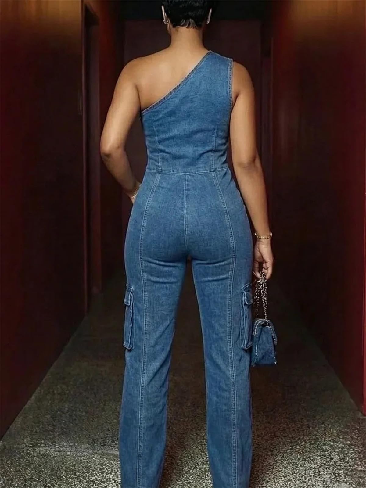 Combinaisons Femme Cargo Jean Une Épaule Taille Haute Pantalon Jambe Large Style Safari Ample À Poches Déchiré Lavé