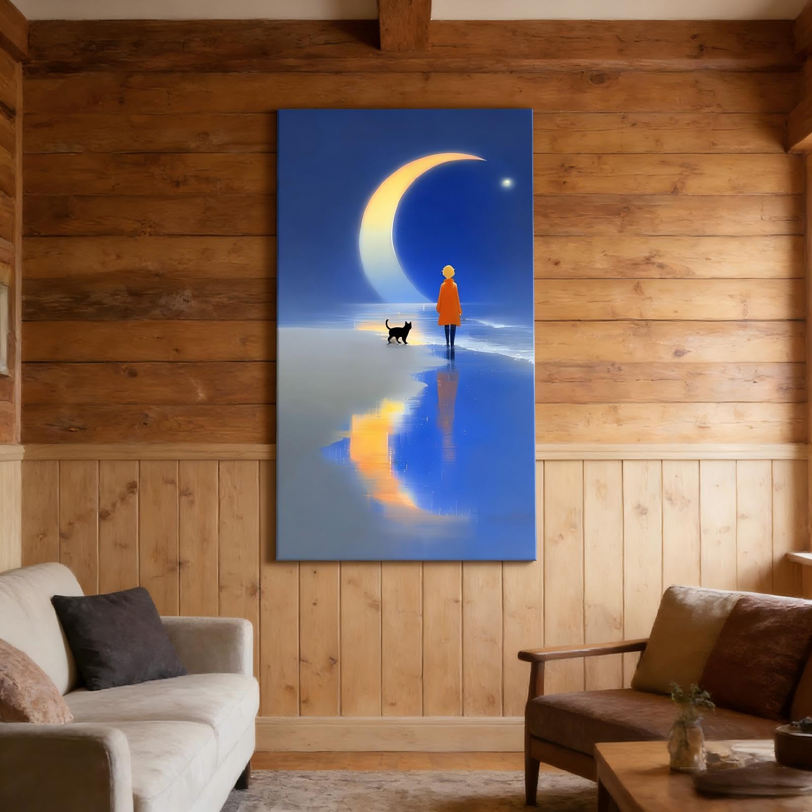 RGsixiot Canvas Wall Art Vertical Minimalist Crescent Moon Person and Cat
