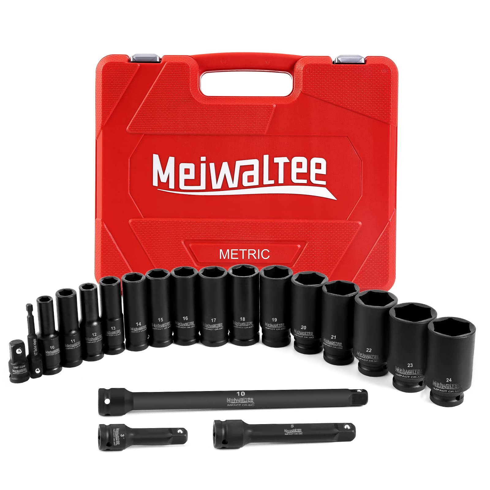 Jeu de douilles à chocs, Meiwaltee 20 Pièces 1/2" Douilles à chocs 6 Pans : 10-24 mm et barre d'extension 3'' 5'' 10'', acier Cr-MO avec revêtement phosphate noir，Douilles et Coffrets,Métrique