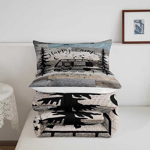 Miniatura 5 de Edredón de estilo rústico de 3 piezas, relleno de edredón de campamento feliz para niños, niños, adolescentes, camper, ropa de cama de campista,