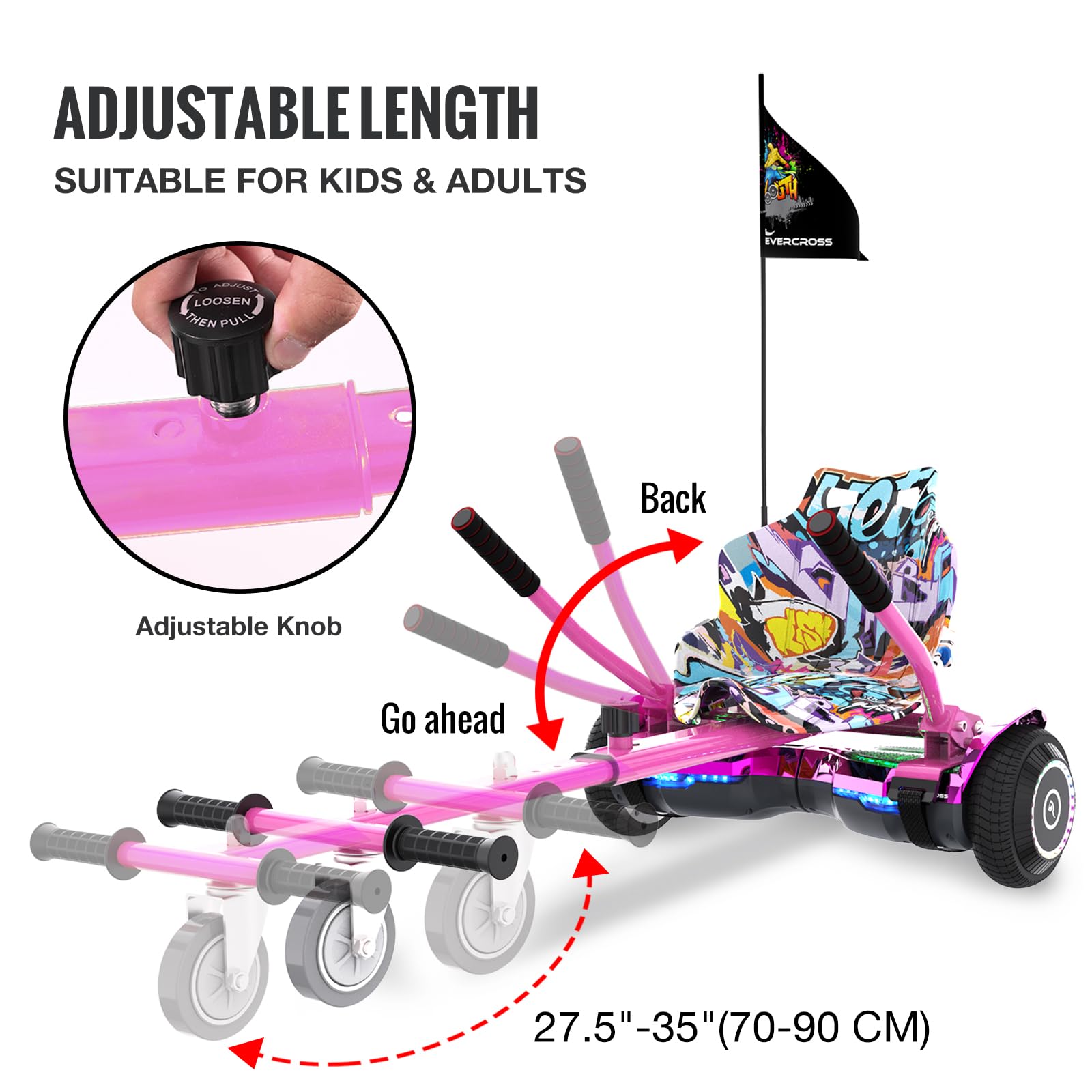 EVERCROSS EV2 Hoverboards mit Sitz - 5,2 Ah Akku, 15 KM/H, Bluetooth Music, 7-Farben Pedallichter, 85 KG Tragkraft, Hover Boards mit Hoverkart Für Kinder & Jugendliche & Erwachsene