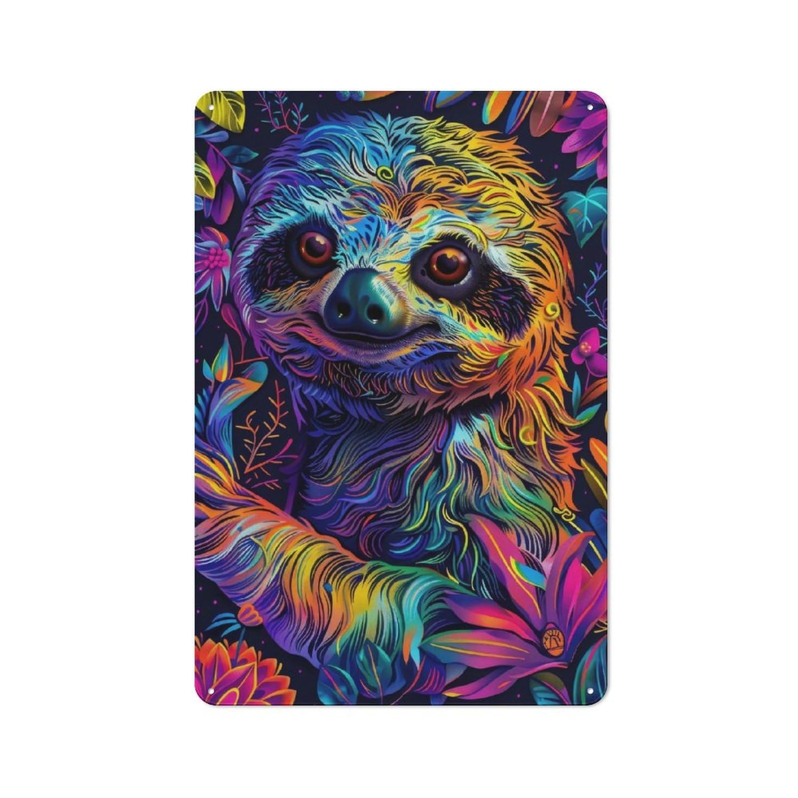 Junmoney Style-14 Workshop Style Neon Trippy Sloth Portrait With Floral Background Tin Sign 30X20cm, Workshop Wall Decor For Tool Room, Garage, Studio Or Home Bar