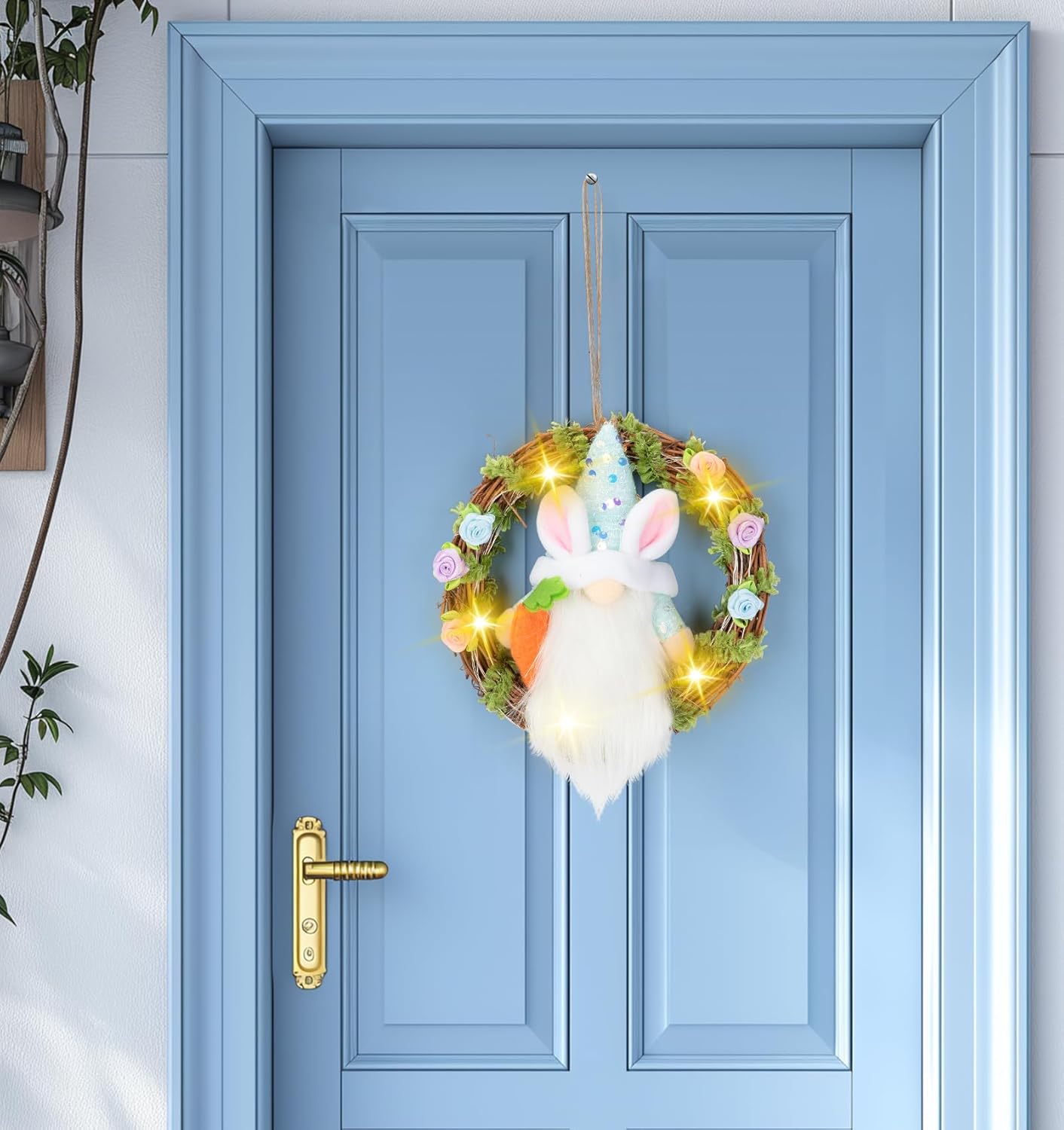 Easter Wreath for Front Door, Easter Bunny Spring Wreath with LED