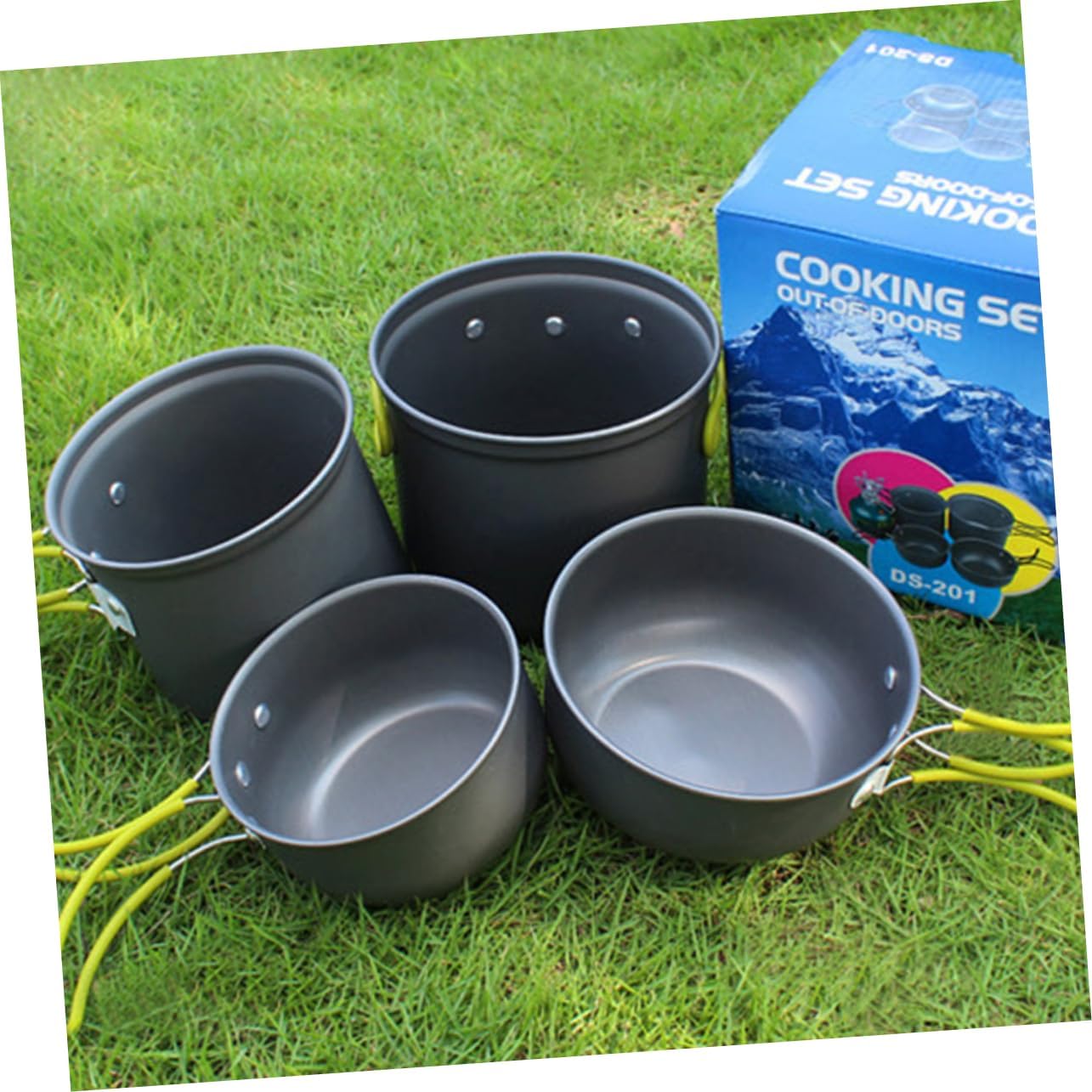 Portable Camping Cookware Set for 2-3 People 4-Piece Aluminum Alloy Cooking Utensils Lightweight Outdoor Cooking Kit Lid for Backpacking and Picnics